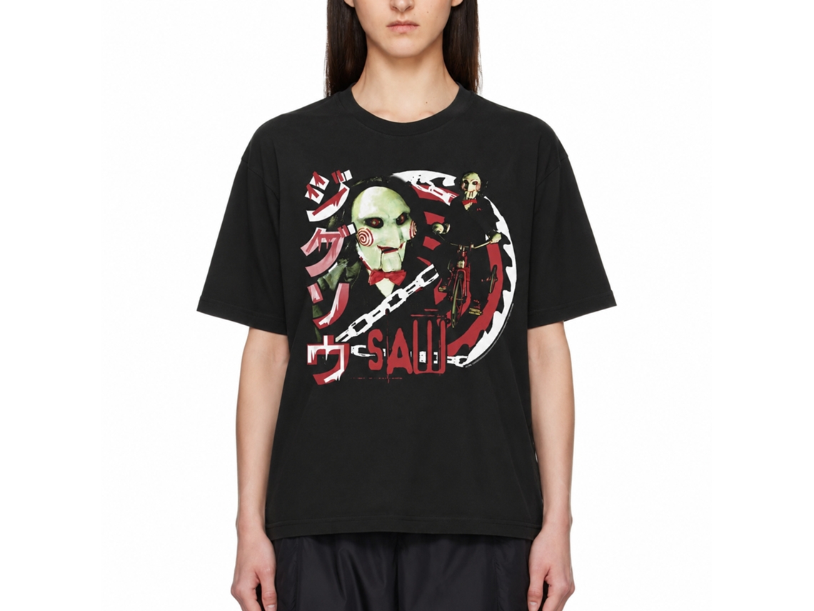 Rockinstone Saw Movie Jigsaw Japanese Text Black Adult T-shirt Size:xl
