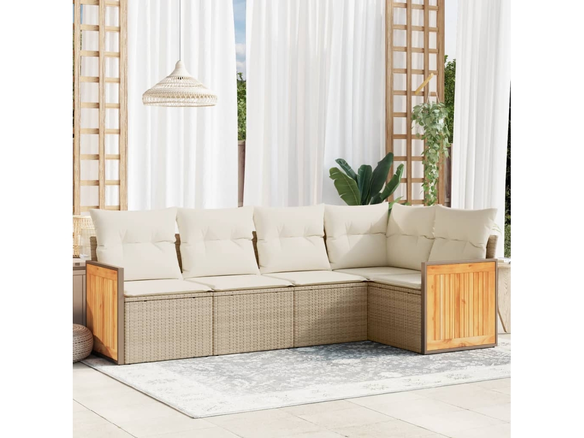 Vidaxl 5 Pcs Conjunto De Sofás P/ Jardim Com Almofadões Vime Pe Bege