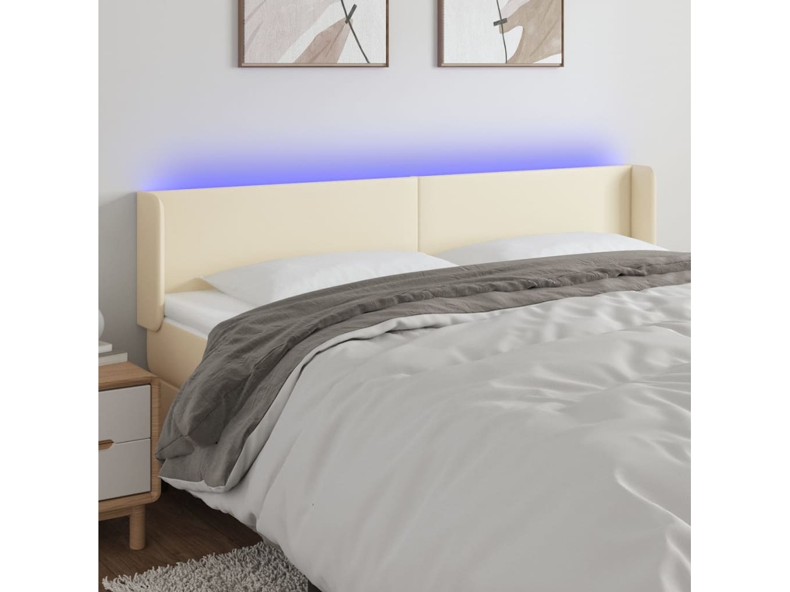 Vidaxl Cabeceira De Cama C/ Led 163x16x78/88 Cm Couro Artificial Crème