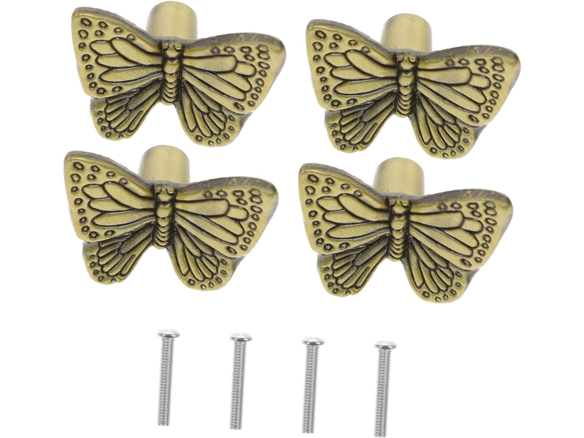 Conjunto De 4 Puxadores Decorativos Em Formato Borboleta Para Gavetas E Armários, Com Furo Único