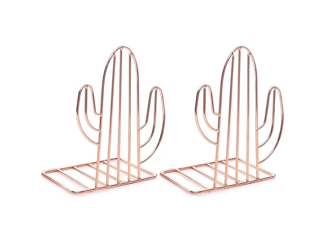 Suporte de Livros Metal Pesado Nova Line Cactus Decorativo Prateado Rosa para Estante e Mesa 2025