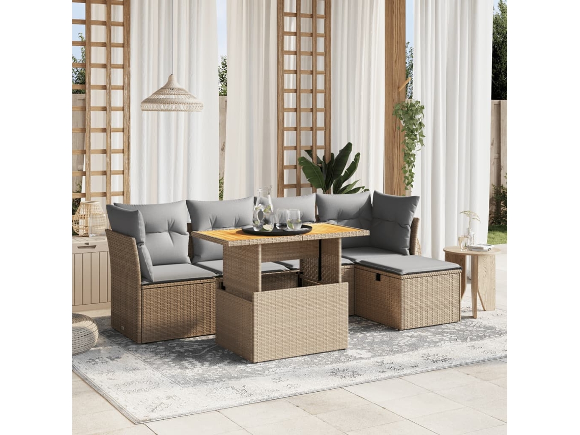 Vidaxl 6 Pcs Conjunto De Sofás P/ Jardim Com Almofadões Vime Pe Bege
