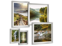 Composição De Quadros Folhas De Plantas Em Vinho Verde Moldura Prateada Fotos Para O Escritório Espelharte (conjunto De 5 Imagens)