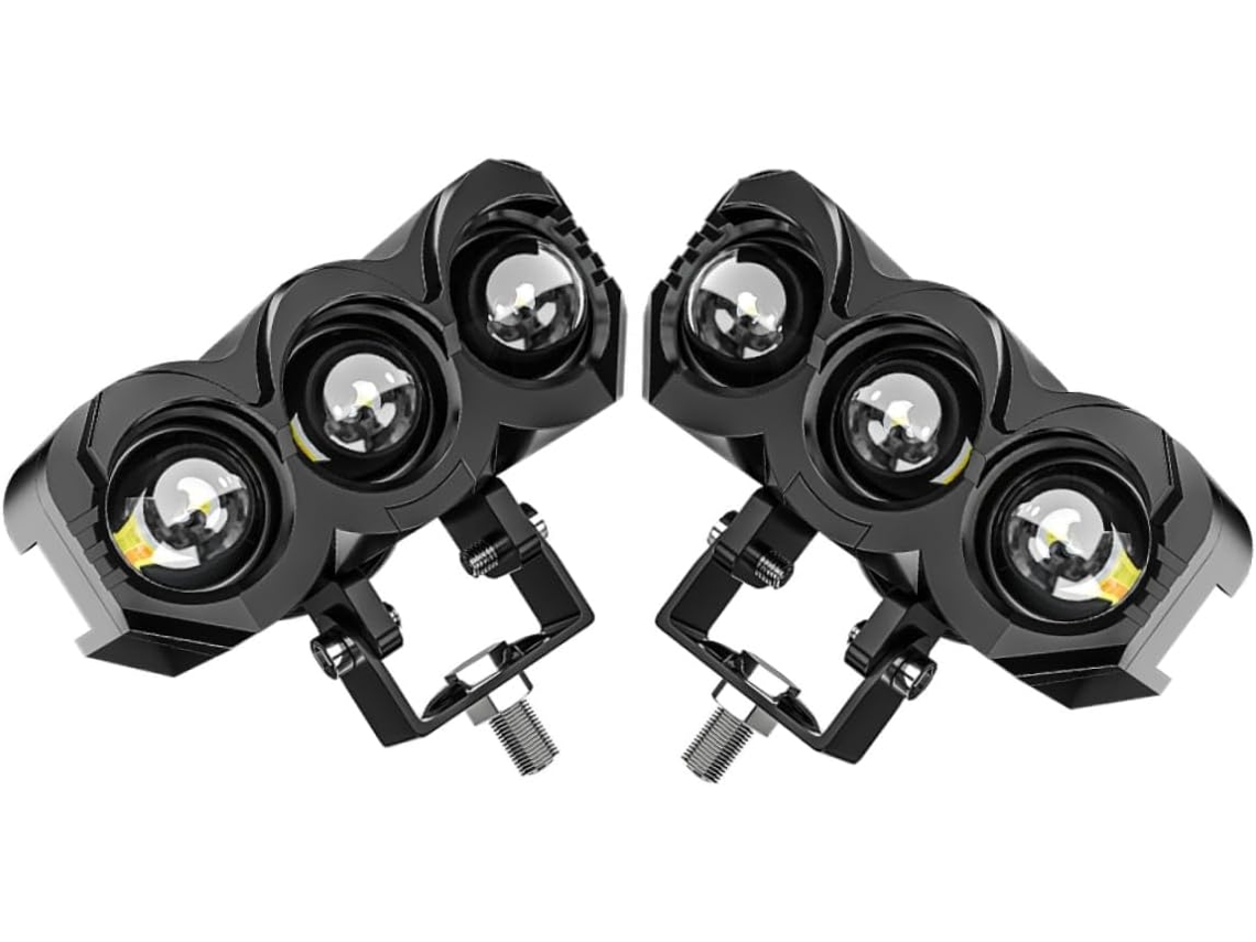 Conjunto de dois faróis auxiliares de LED para motocicleta e bicicleta elétrica, com montagem externa.