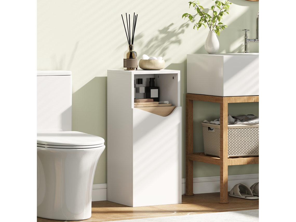 Mobiletto Bagno Con Armadietto Con Anta Ammortizzata E Vano Aperto, 30x30x71.5 Cm, Bianco E Legno