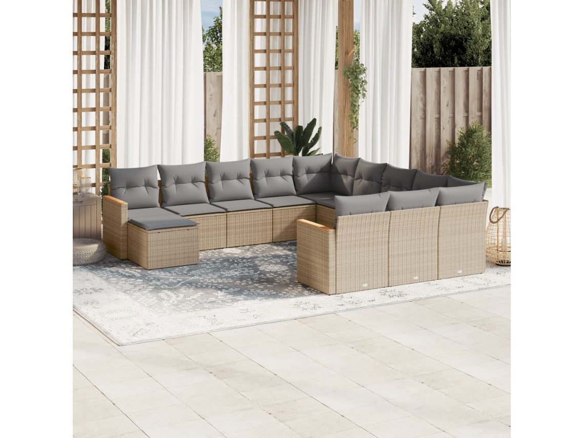 Vidaxl 12 Pcs Conjunto De Sofás P/ Jardim Com Almofadões Vime Pe Bege