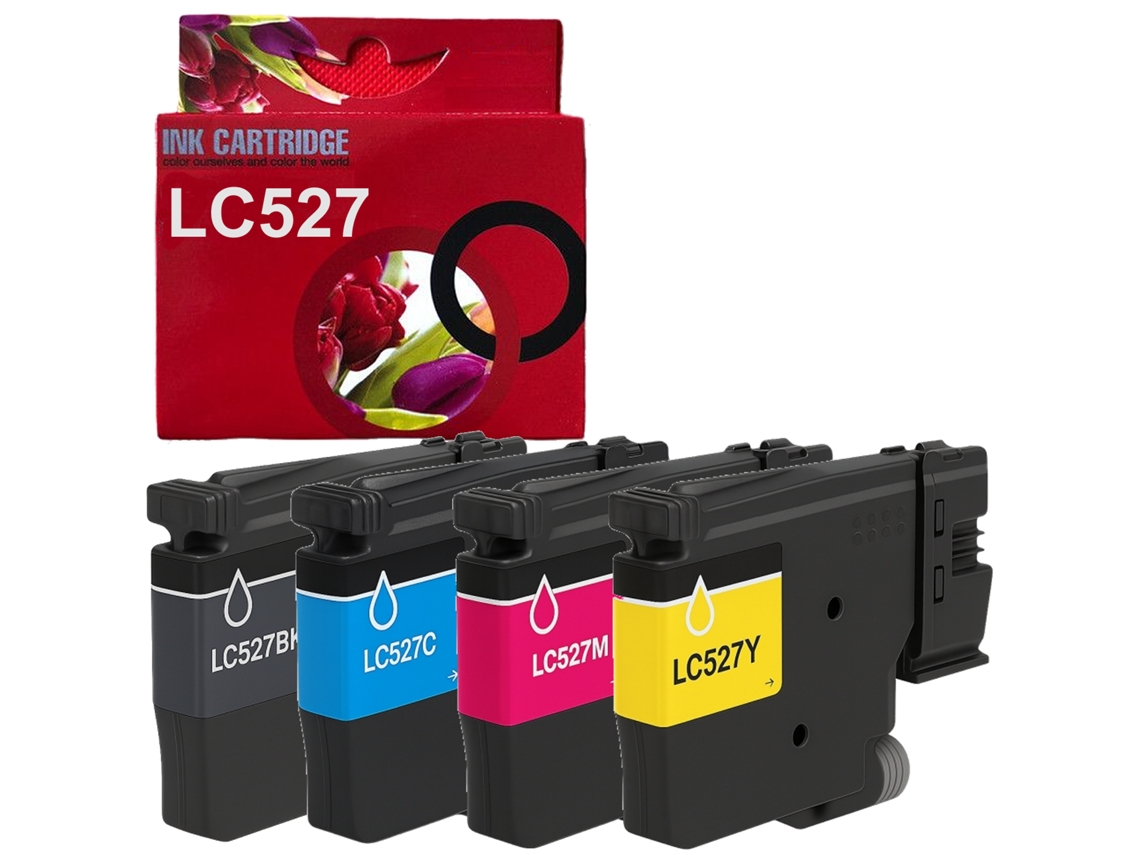 Pacote com 4 cartuchos de tinta pigmentada multicolorida LC527 compatíveis com as impressoras Brother LC527BK, LC527C, LC527M e LC527Y.