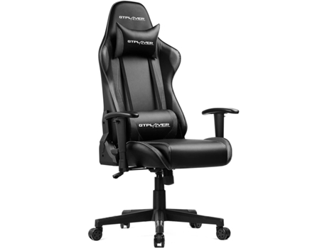 Cadeira Gaming GTPLAYER Ergonómica com Almofada Lombar e apoio de Cabeça Ajustável em Altura para Jogos de Estudo e Trabalho Preto