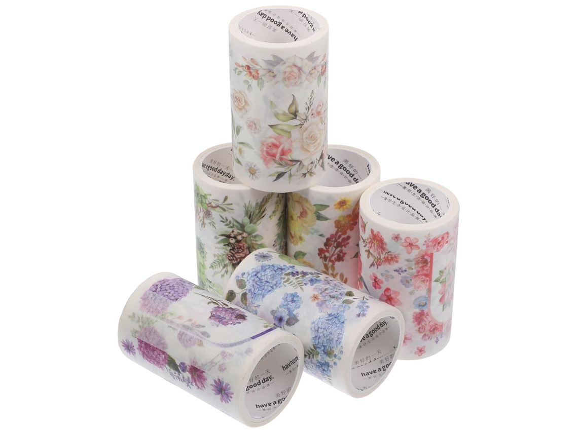 Adesivos decorativos em washi tape com motivos florais para artesanato e scrapbooking, material washi tape, designs variados, 6 rolos.