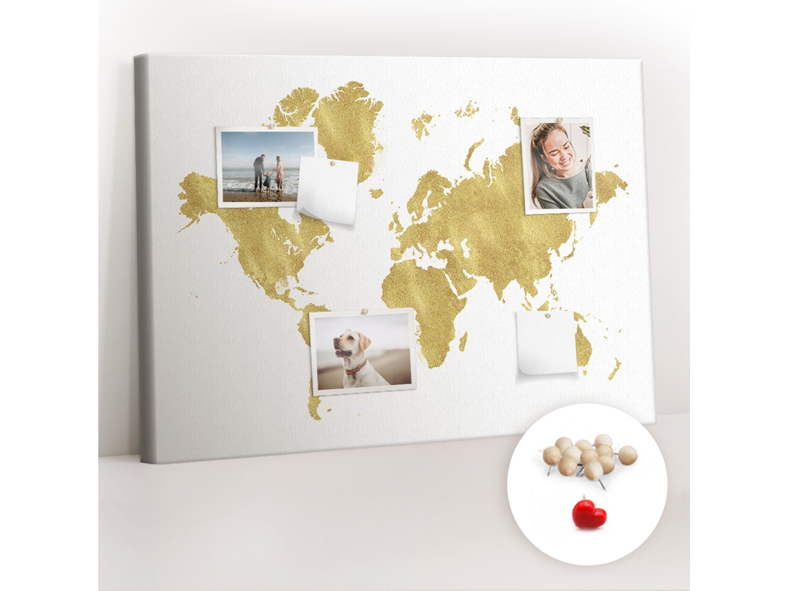 Quadro De Cortiça Com Impressão Mapa-múndi Dourado Para O Escritório Espelharte (100x70 Cm)