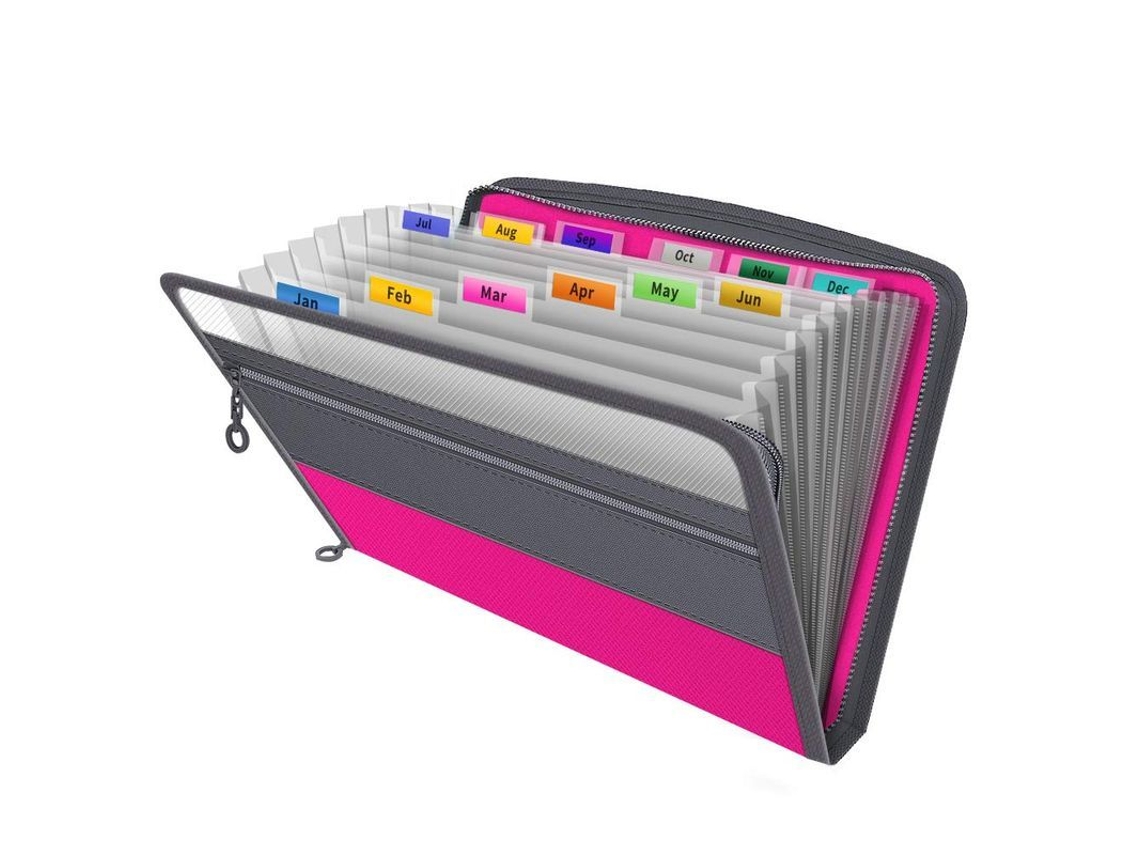 2026 carpeta Expandível com 13 Bolsos, Carpeta de Arquivo com Cremalheira e Abas, Cor Rosa, Tamanho A4