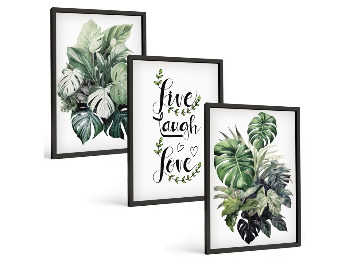 Galeria De Pinturas Murais Plantas Folhosas, Viver, Rir, Amar Moldura Preta Quadros Para O Escritório Espelharte (3 Piezas De 40x60 Cm)