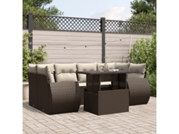 Vidaxl 7 Pcs Conjunto De Sofás Jardim C/ Almofadões Vime Pe Castanho