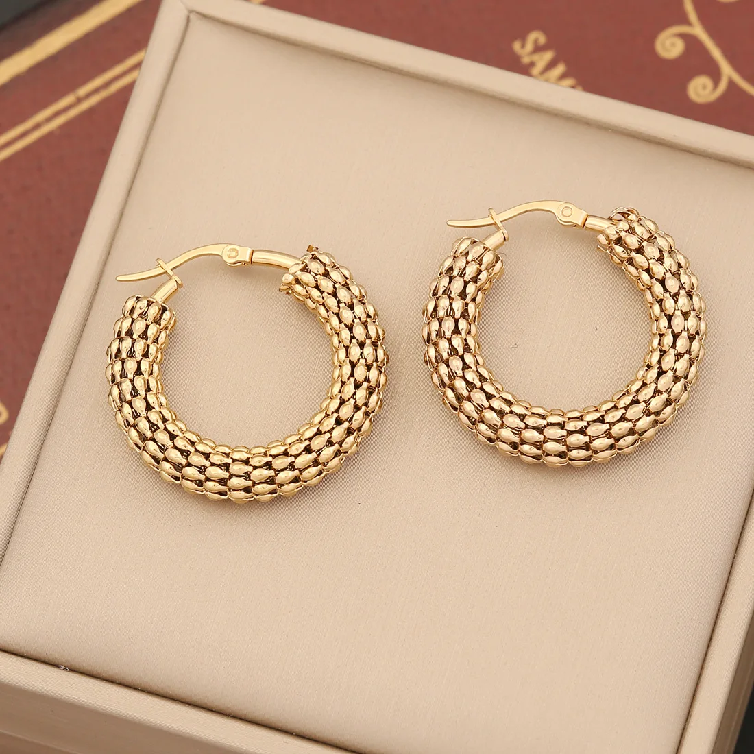 Brincos de Argola em Aço Inoxidável Dourado, Brincos Redondos Simples em Formato de Malha para Mulheres. MDUG