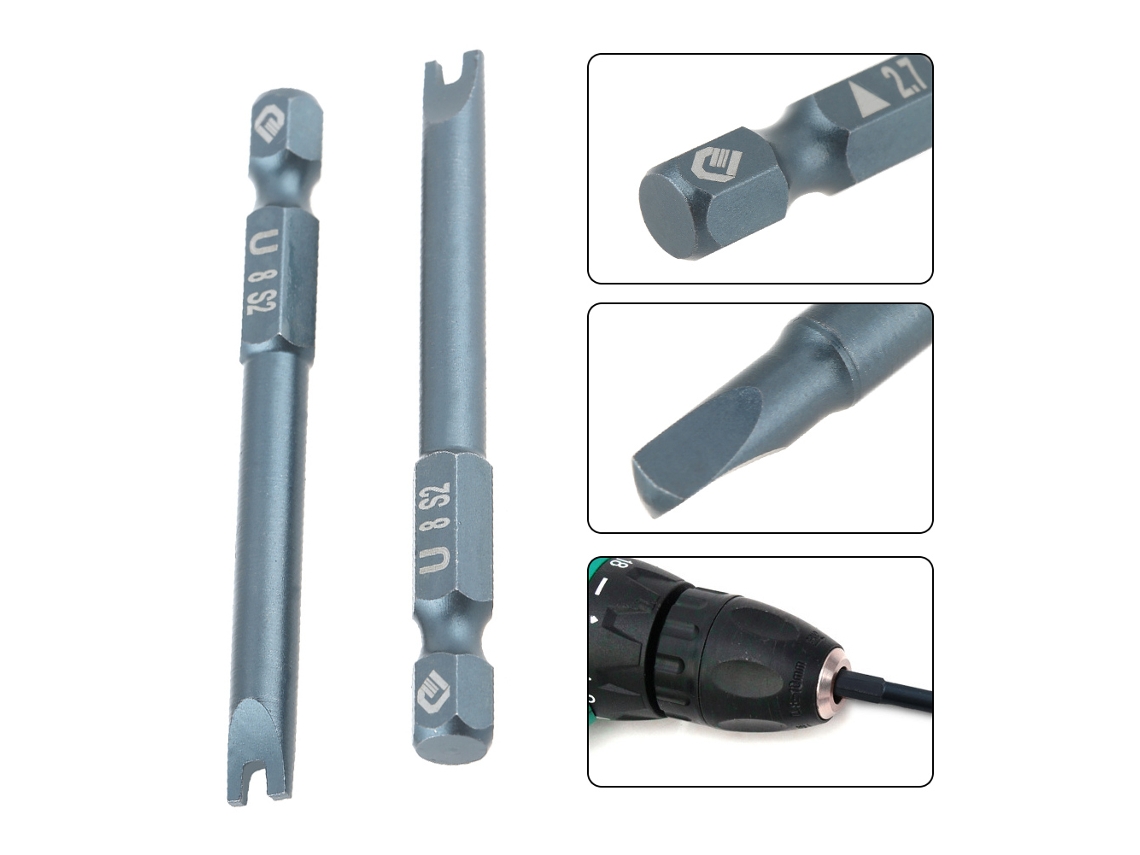 Conjunto de 10 pontas de chave de fenda em aço S2 em formato de U, haste hexagonal de 1/4", 65 mm, magnéticas.