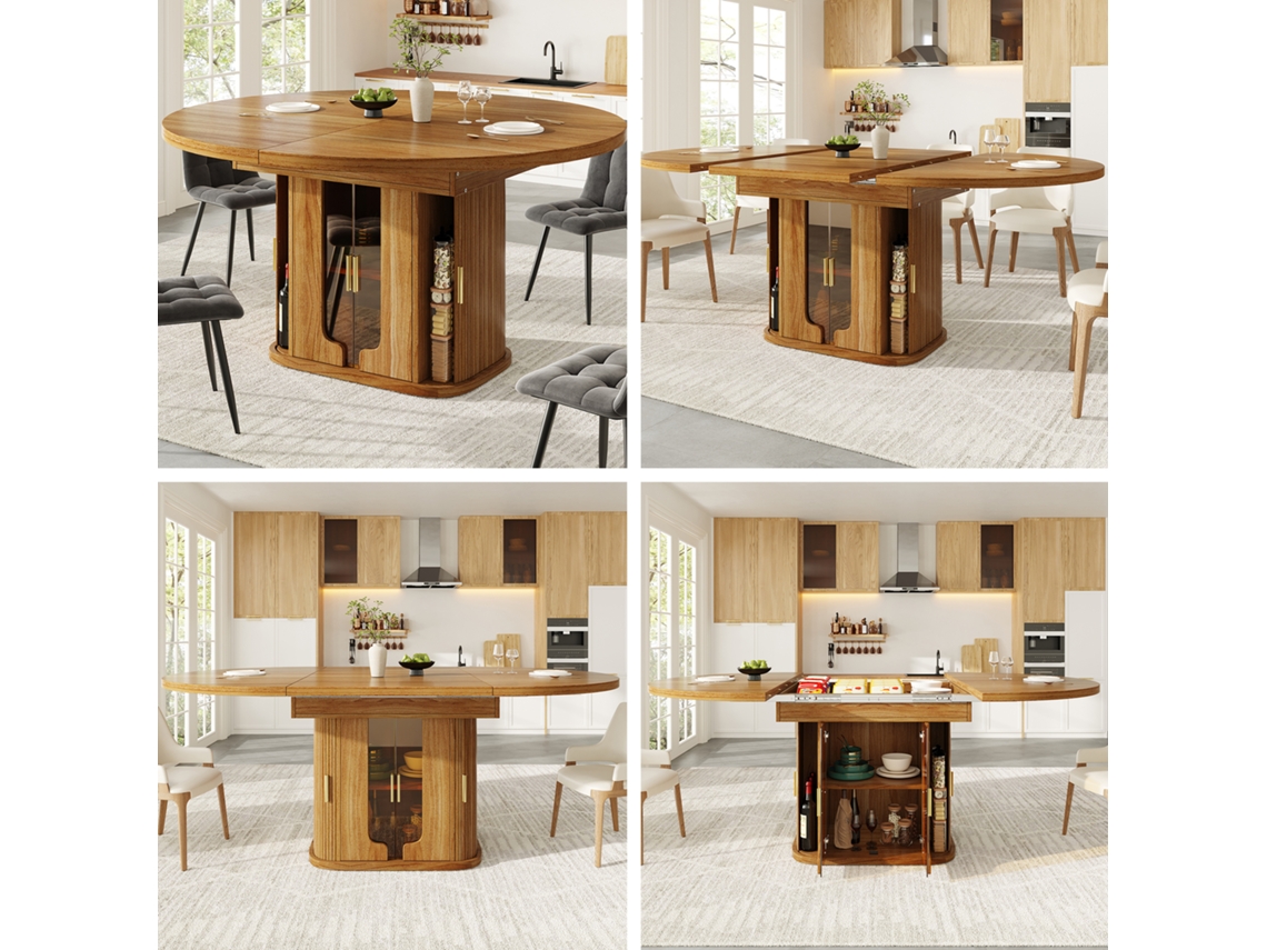 Mesa De Jantar Extensível Redonda Para Oval 118-158 Cm, Até 6 Pessoas, Com Portas De Vidro, Nogueira