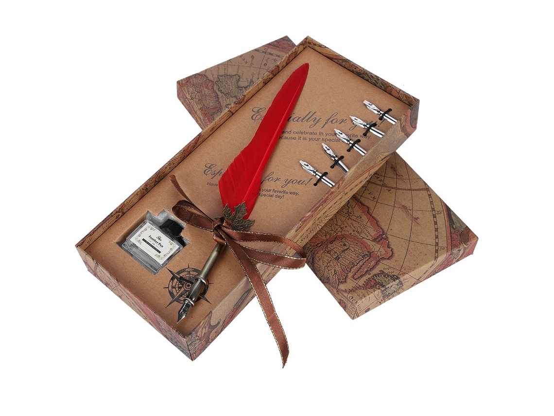 Conjunto De Caneta De Pluma Retrô Europeia Em Caixa Presente Para Amigos Vermelho Luz Dourada