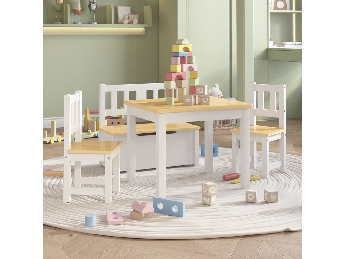 Vidaxl 4 Pcs Conjunto Mesa E Cadeiras Infantil Mdf Branco E Bege