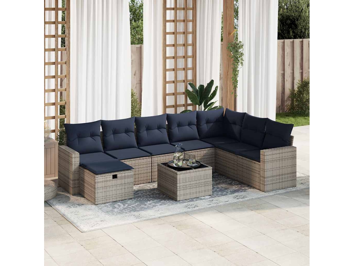 Vidaxl 9 Pcs Conjunto Sofás P/ Jardim Com Almofadões Vime Pe Cinzento