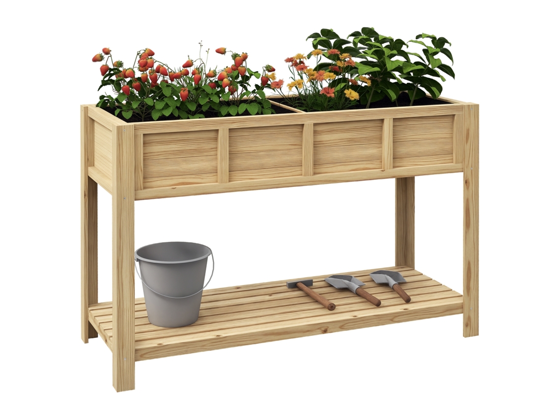 Vaso Elevado de Madeira com Prateleira Inferior, Partição e Drenagem 115x46x75 Cm