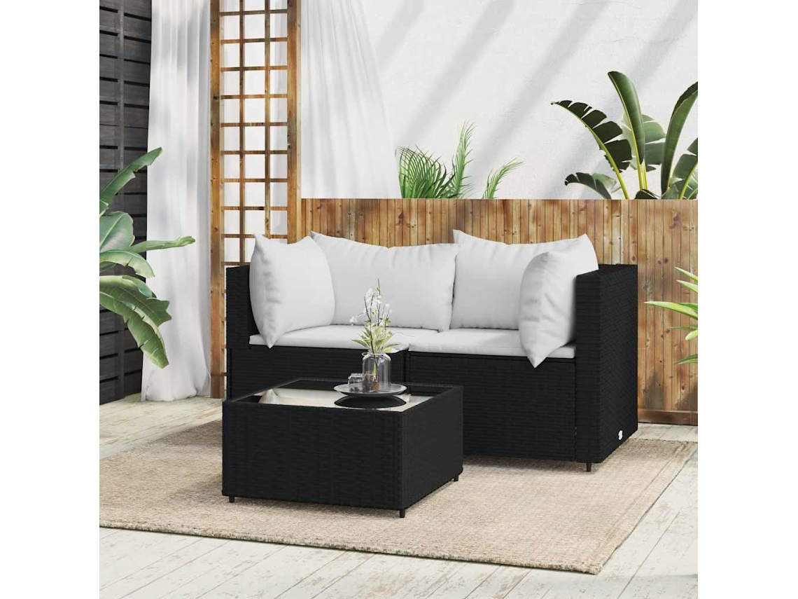 Vidaxl 3 Pcs Conjunto Lounge De Jardim C/ Almofadões Vime Pe Preto