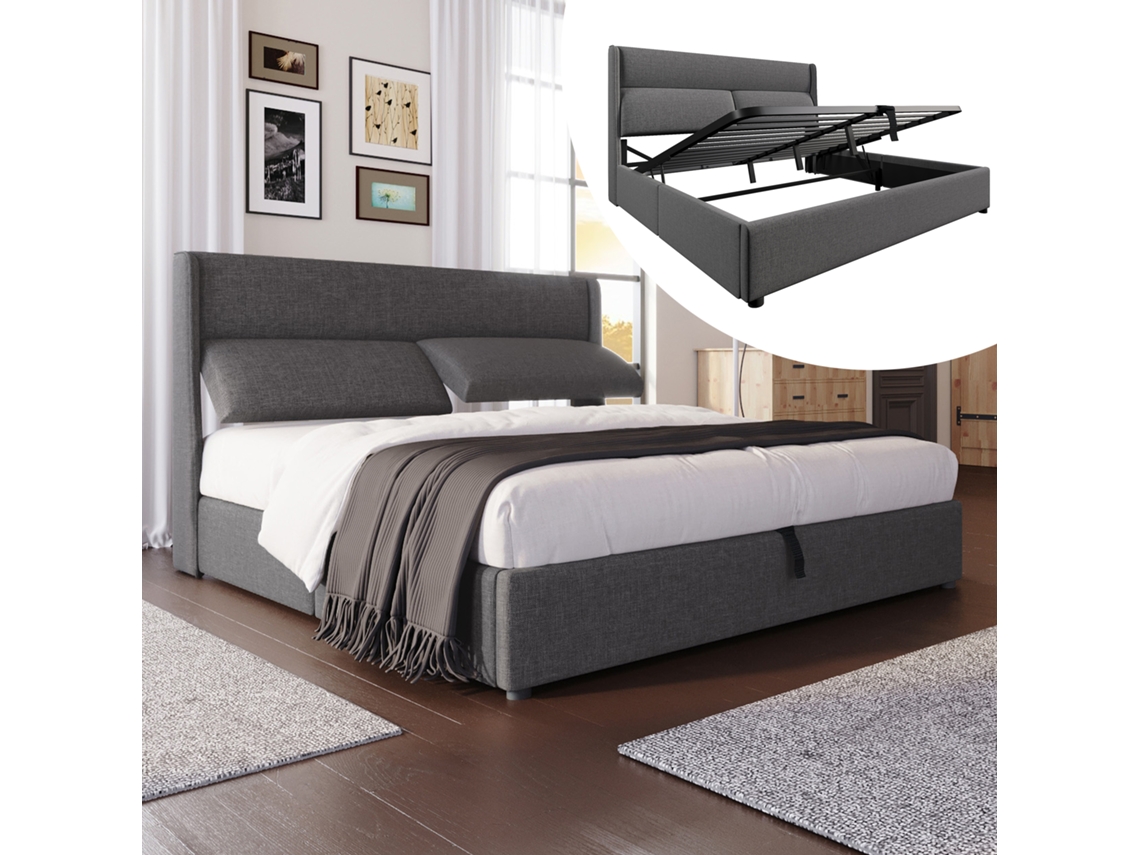 Cama 180x200 Cabeceiras Ajustáveis Elevação Ripas Metal Linho Cinza