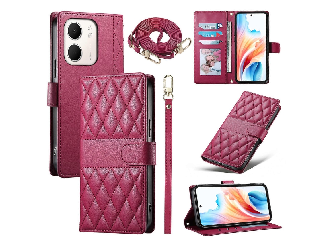 Capa De Couro Com Suporte E Costura Em Losango Para Oppo A5x 5g 4g Com Alça Longa E Curta, Vermelha