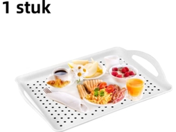 1 Peça – Bandeja De Servir – Retangular Com Duas Alças – Antiderrapante – Estilo Simples E Elegante – 45 X 32 X 4,5 Cm – Branca Com Bolinhas Cinza