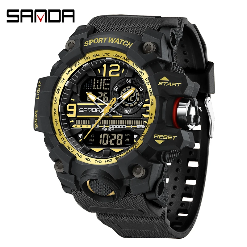 Relógio Esportivo Masculino , com Display Duplo Digital de Quartzo Led, Resistente a Choques e À Prova D'água. MDUG (dourado)