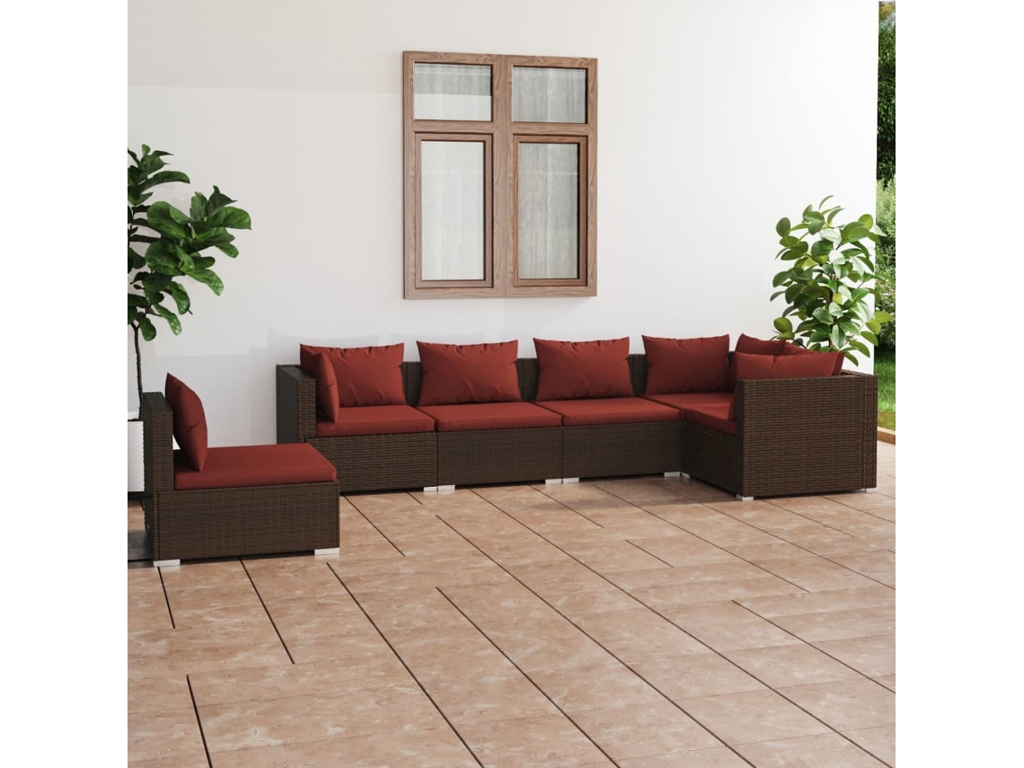 Conjunto 6 Peças Lounge Jardim C/ Almofadões Vime Pe Castanho Dkd Home Decor
