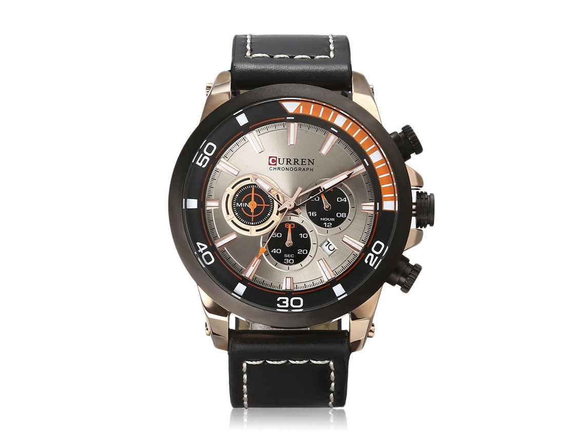 Relógio masculino Curren Fashion, quartzo, pulseira de couro, resistente à água, cor ouro rosa e cinza.