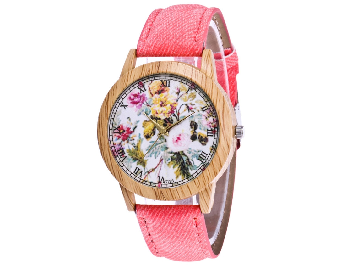 Relógio de Pulso Feminino com Diferencial Floral Liga Quartzo Cor Rosa