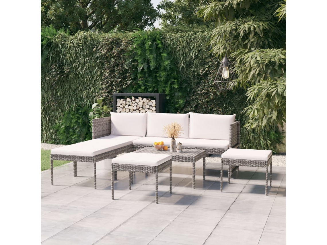 6 Pcs Conjunto Lounge De Jardim C/ Almofadões Vime Pe Cinza Dkd Home Decor