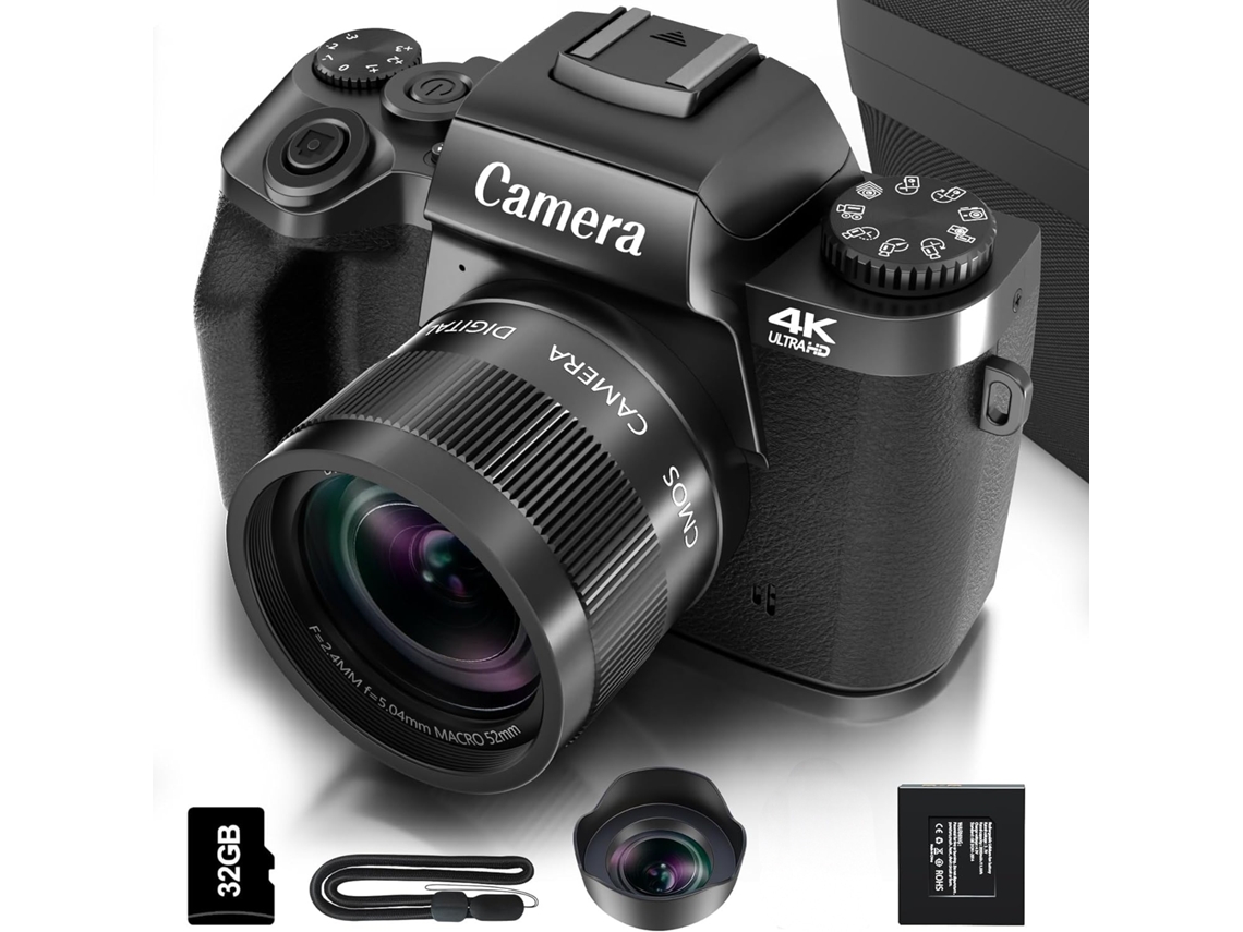 Câmera Digital Para Fotografia, Câmera De Vlog Com Tela Sensível Ao Toque Wifi 4k De 64 Mp E Flash, Cartão Micro De 32 Gb (preto)
