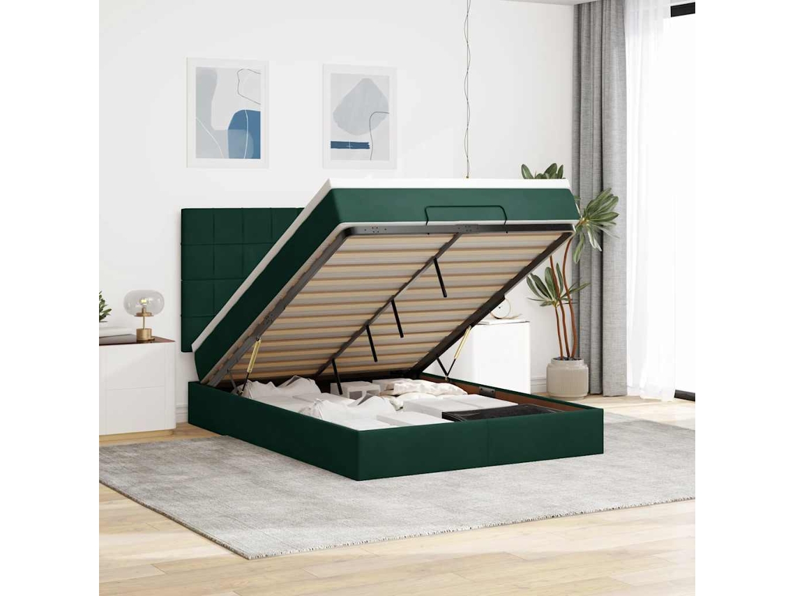 Vidaxl Estrutura Cama Otomana Colchões 140x200 Cm Veludo Verde Escuro