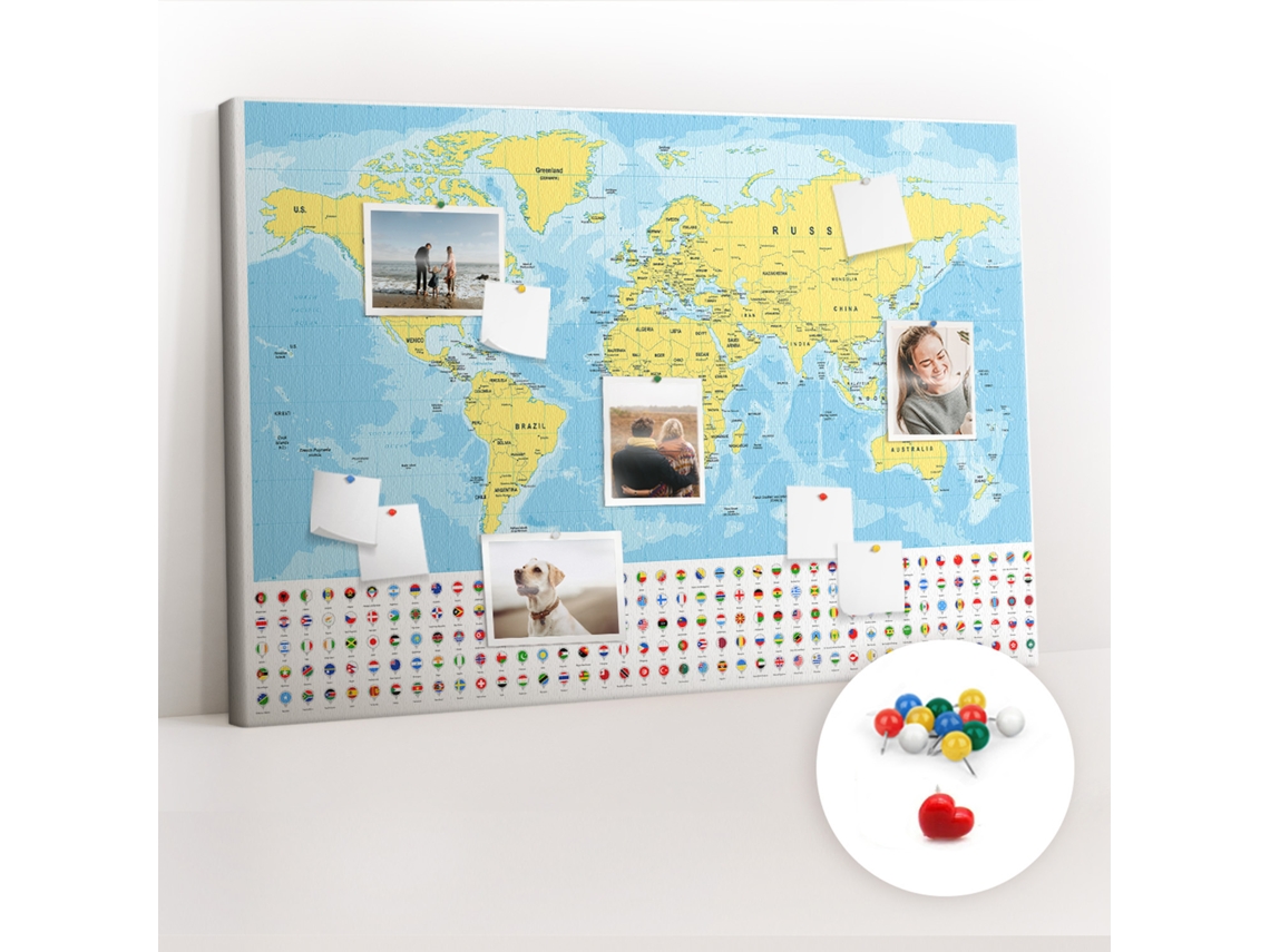 Painel De Cortiça Para Parede Mapa-múndi E Bandeiras Para O Escritório Espelharte (120x80 Cm)