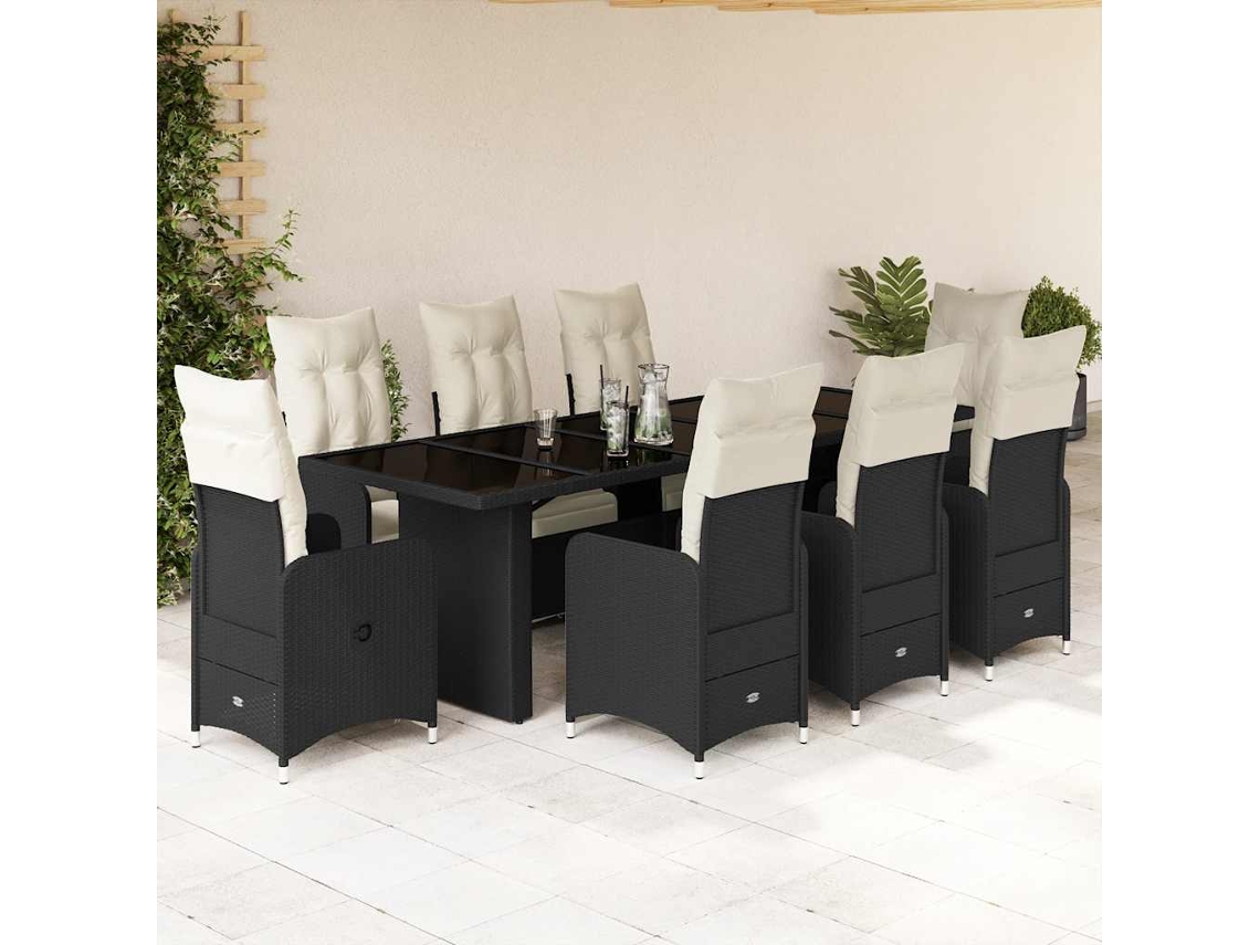 Vidaxl 9 Pcs Conjunto De Bistrô P/ Jardim C/ Almofadões Vime Pe Preto