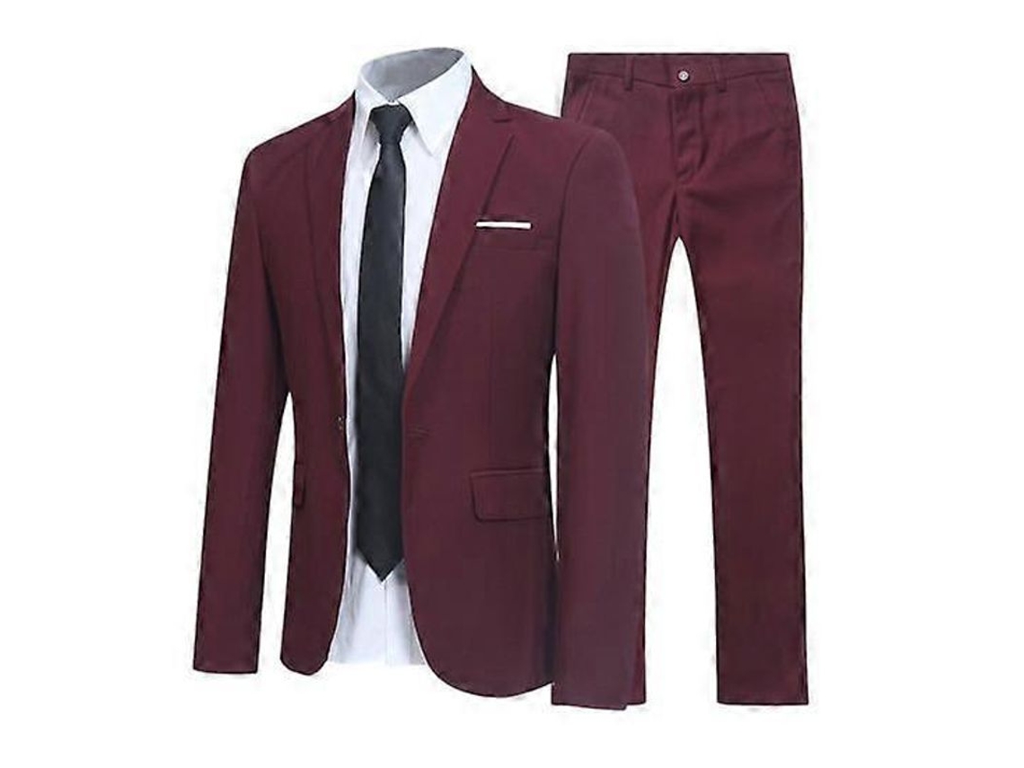 Traje Masculino Slim Fit Formal De Manga Longa Com Gola De Botão, Tecido De Poliéster Para Casamentos E Ocasiões Formais Vermelho