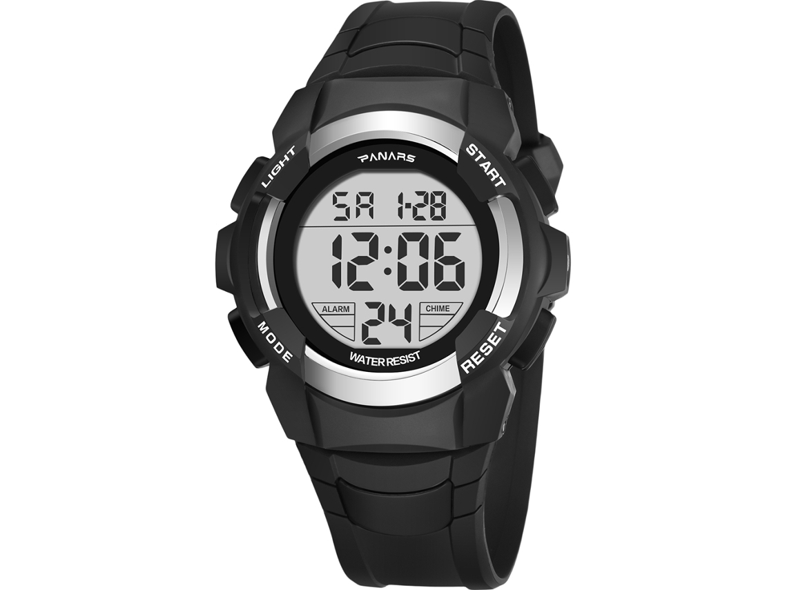 Relógio digital Panars, luminoso, com 2 fusos horários, à prova d'água e pulseira de PU preta.