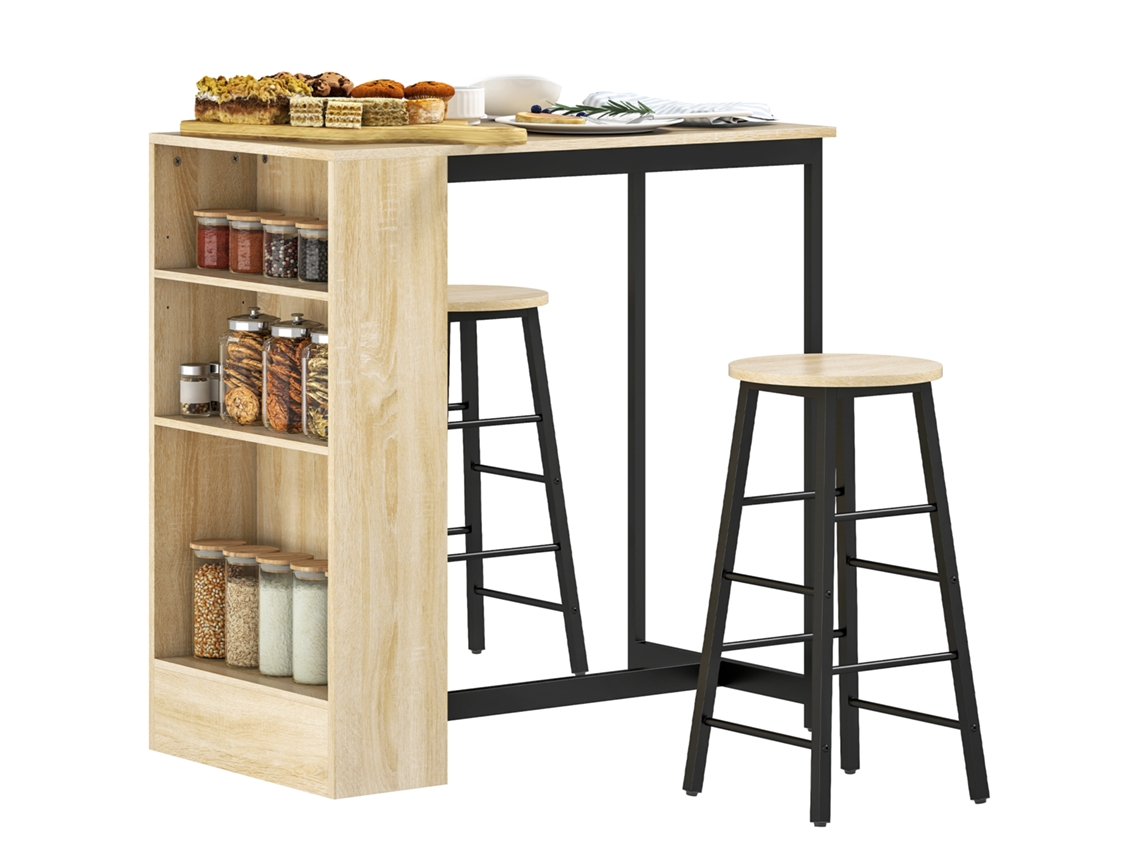 Conjunto de mesa de bar com bancos, compartimentos abertos, prateleira, bancos ajustáveis, carvalho e preto S/MARCA