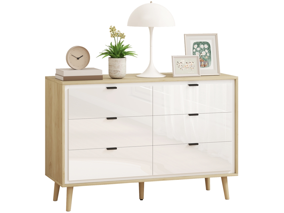 Cômoda 6 Gavetas Cômoda Quarto Com Pernas De Madeira Cômoda Para Sala Escritório Estilo Moderno 110x40x75 Cm Branco Brilhante E Carvalho