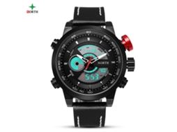 Relógio de pulso redondo de quartzo com visor digital e analógico, pulseira de couro (mostrador preto)