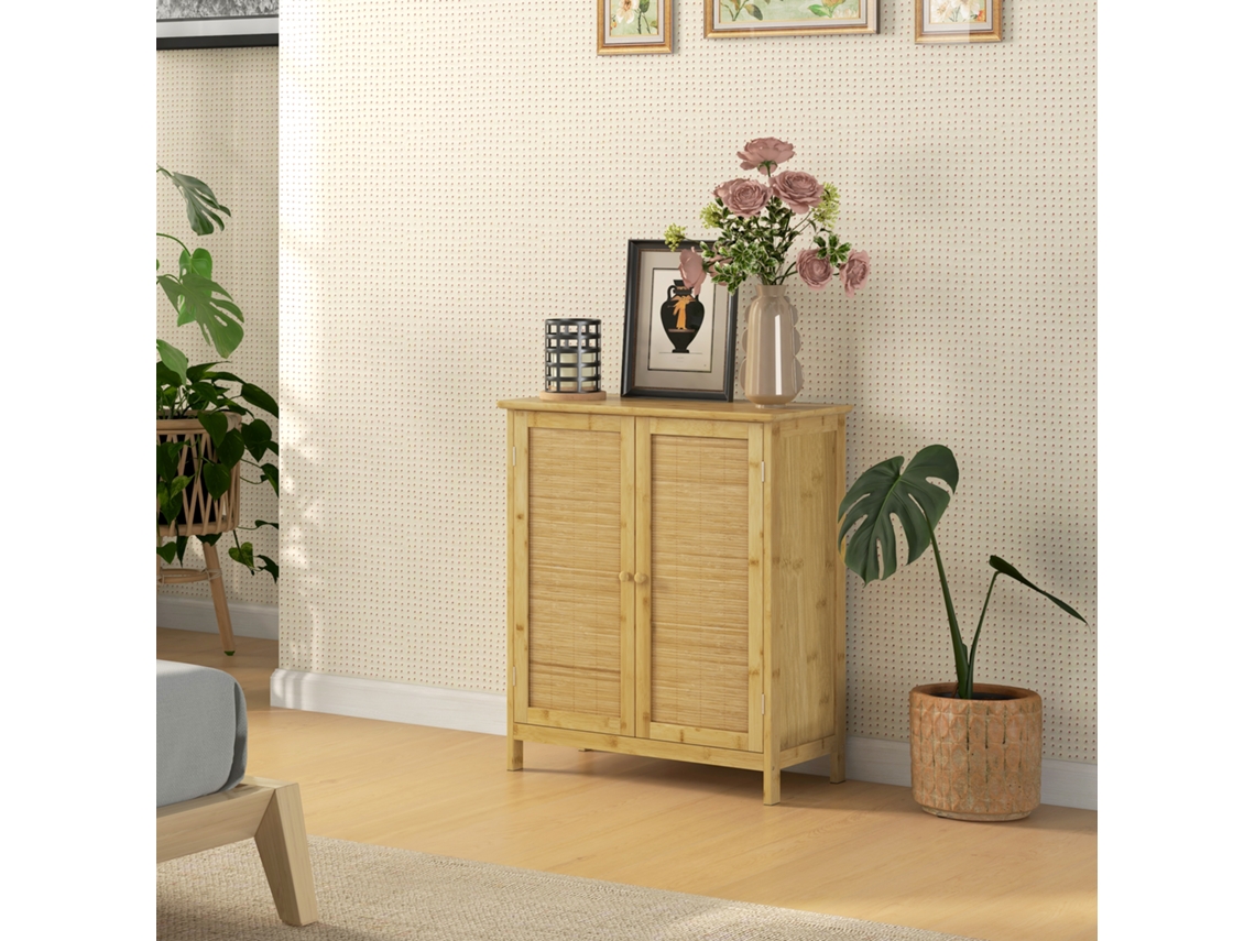 Aparador de bambu com 2 portas, estilo boêmio, para sala de estar, cozinha ou hall de entrada, 60x27x67,5 cm, cor natural.