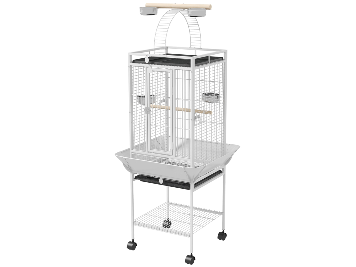 Gaiola Para Pássaros Com Suporte E Rodas 62,5x62,5x156 Cm Metálica Para Aves Com Ponte De Arco 2 Poleiros 4 Comedouros 2 Bandejas Removíveis