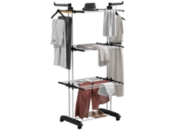 Estendal De Roupa Dobrável A 4 Níveis Com Asas Giratórias E 4 Rodas, Em Aço E Pp, 73x64x177 Cm, Preto