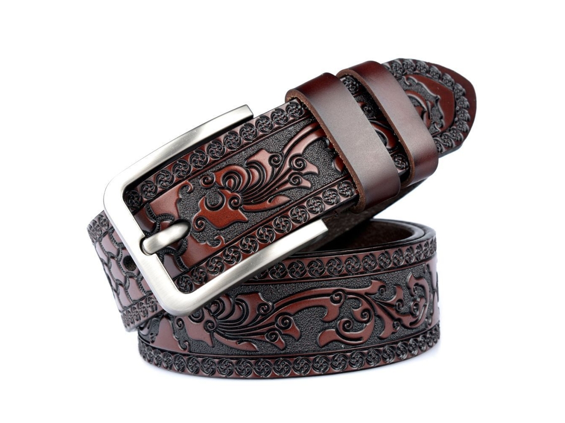 Cinto De Tpu Masculino Yuysan, Fivela De Agulha Com Furos E Padrão De Feng, Largura 3,8 Cm, Comprimento 110 Cm, Cor Café