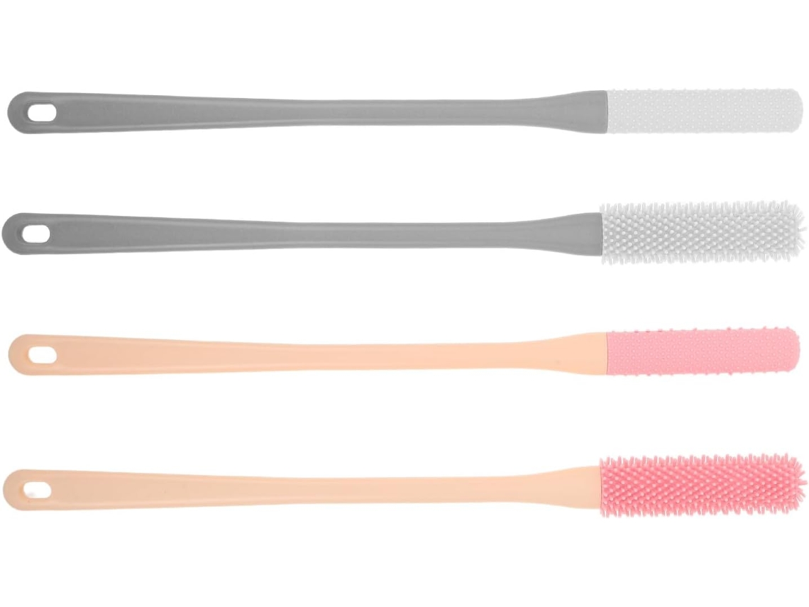 Conjunto De 4 Escovas Silicone Com Cabo Longo Para Limpeza Dos Pés, Escovas Esfoliantes Para Os Dedos, Cinza E Rosa