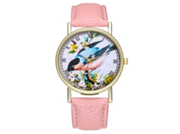 Relógio de Pulso de Quartzo Analógico com Pulseira de Couro Padrão Redondo Rosa Presente Fashion