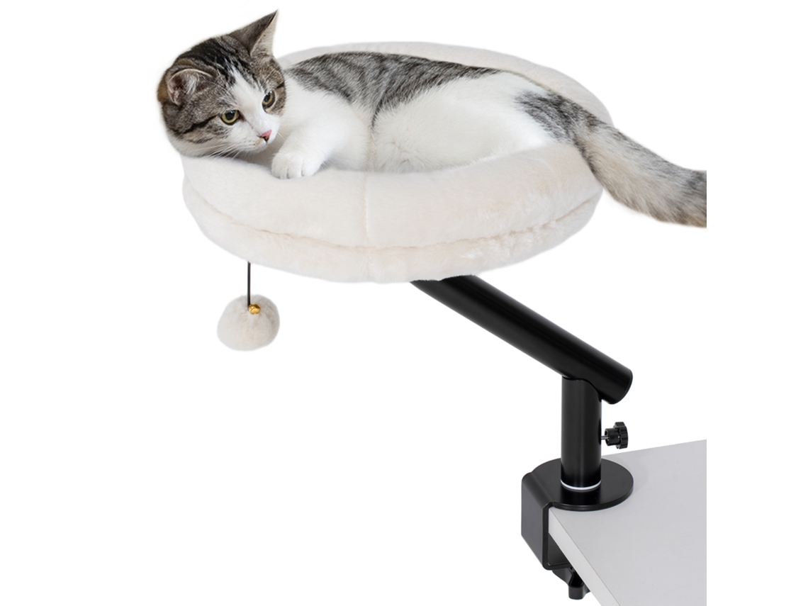 Cama escrivaninha para gatos, ajustável 360°, almofada removível, branca creme S/MARCA