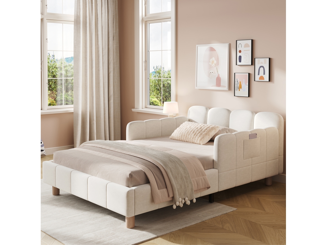 Cama Individual 90x200 cm Cabeceira Acolchoada, Grade de Proteção, Pés em Madeira Maciça, Veludo Bege NOVELA